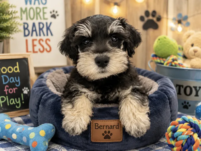 Male Mini Schnauzer puppy named Bernard for sale at Puppy City Harrisonburg.