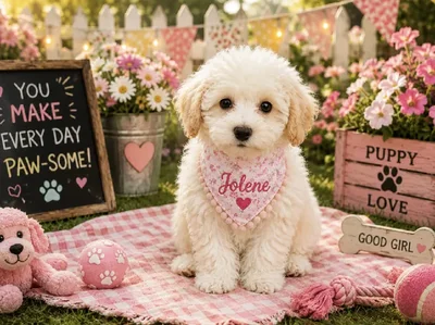Female Bichon Poo puppy named Jolene for sale at Puppy City Harrisonburg.